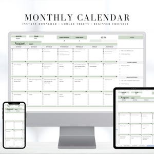 Monthly Calendar Google Sheets | Digital Planner Template | Task Tracker | Digital Calendar | Goal Tracker | Daily Calendar | To-Do List