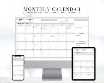 Monthly Digital Calendar | Google Sheets Planner & Task Tracker | Daily, Weekly, Goal Organizer