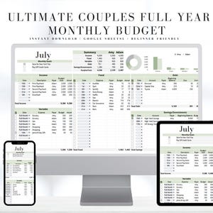 Peut inclure: Un tableur budgétaire mensuel numérique pour couples affiché sur un écran d'ordinateur, une tablette et un smartphone. L'interface présente des tableaux pour les revenus, les dépenses fixes, les dettes et l'épargne, avec le texte ULTIMATE COUPLES FULL YEAR MONTHLY BUDGET.