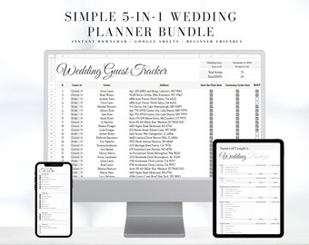 May include: A digital wedding planner bundle displayed on a computer, tablet, and phone. The screen shows a wedding guest tracker, to-do list, and budget template. The text reads "Simple 5-in-1 Wedding Planner Bundle" and "Instant Download".