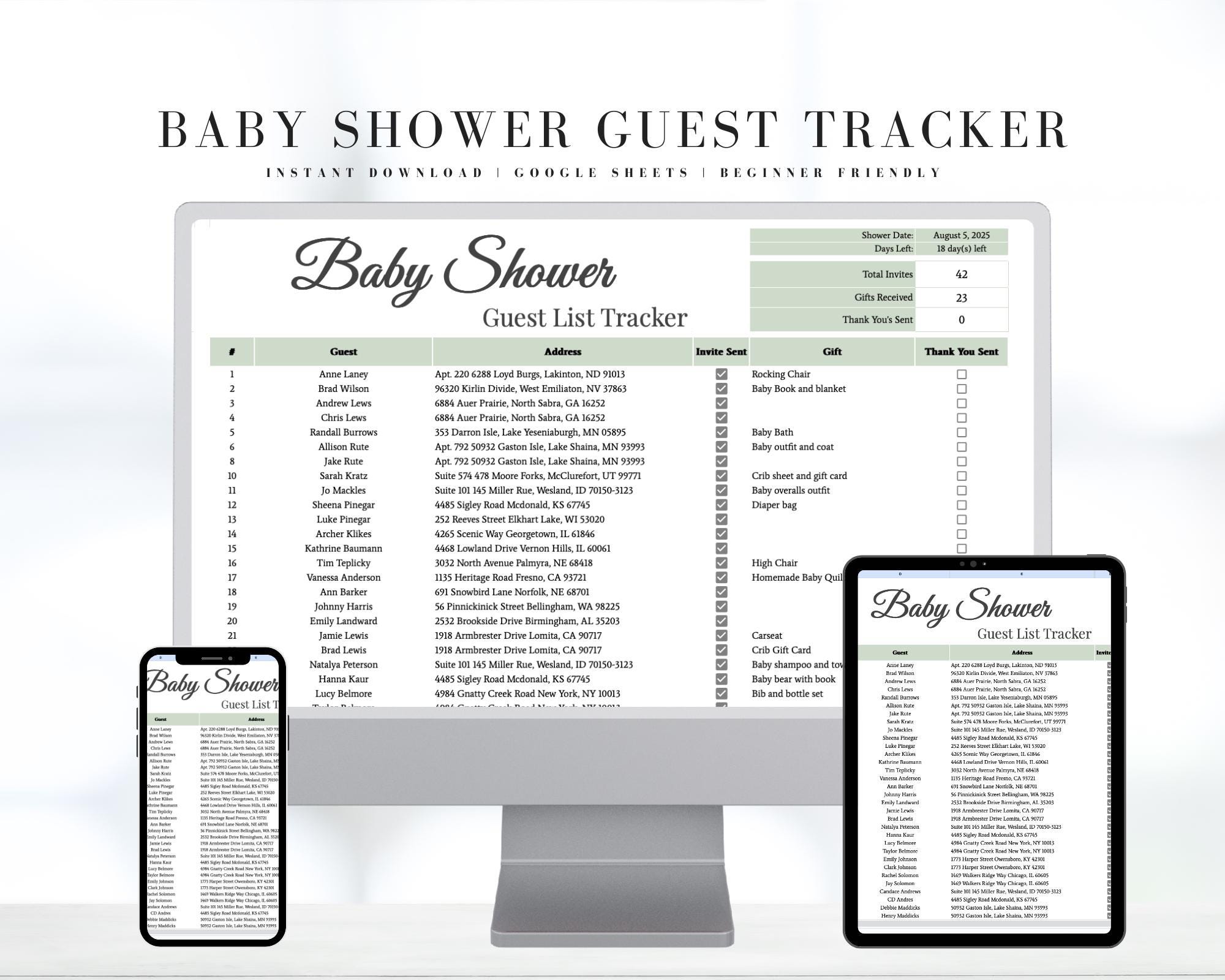 Ultimate Baby Shower Guest List Template | Google Sheets Shower Planner | Guest List Manager | Baby Shower Spreadsheet