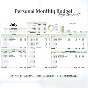 K&ouml;nnte beinhalten: Eine digitale pers&ouml;nliche monatliche Budget-Tabelle f&uuml;r Google Sheets. Die Tabelle ist vollautomatisch und enth&auml;lt Abschnitte f&uuml;r Einnahmen, feste Ausgaben, variable Ausgaben, Schulden und Ersparnisse. Der Text "Personal Monthly Budget Google Spreadsheet" steht oben.