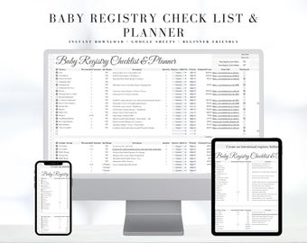 May include: A digital baby registry checklist and planner is shown on a computer monitor, tablet, and smartphone. The text "Baby Registry Checklist & Planner" is visible, along with a list of items. The image also includes the text "Instant Download" and "Beginner Friendly".