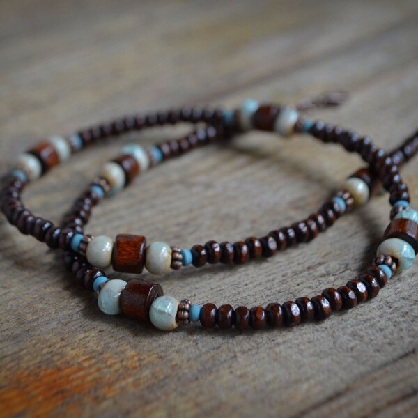 Wooden necklace with porcelain beads for MEN - trendy beaded jewelry - tribal, surfer