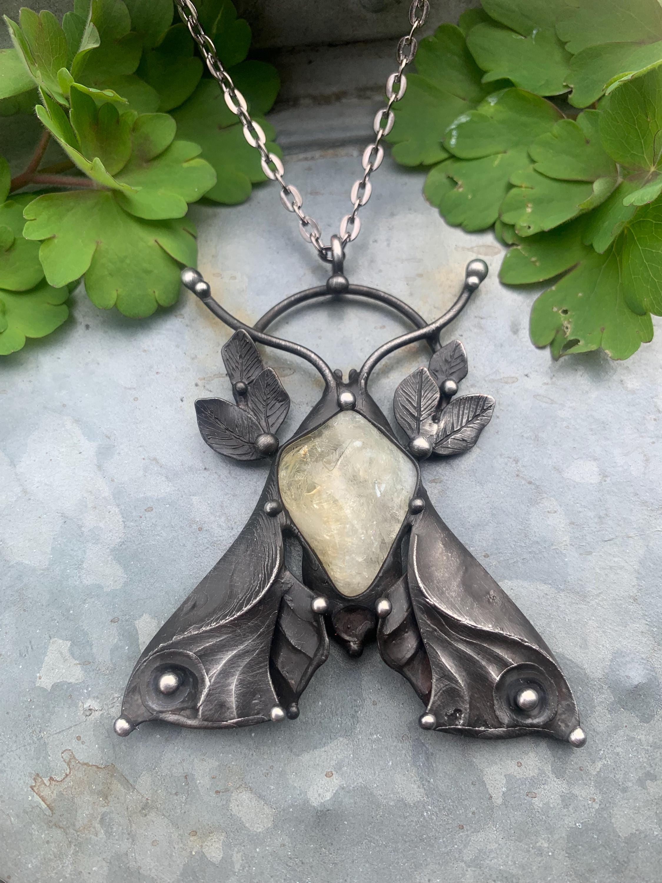 Moth Chain RESERVED Moth Handmade Original Art Citrine Necklace on Metal Chain - Etsy