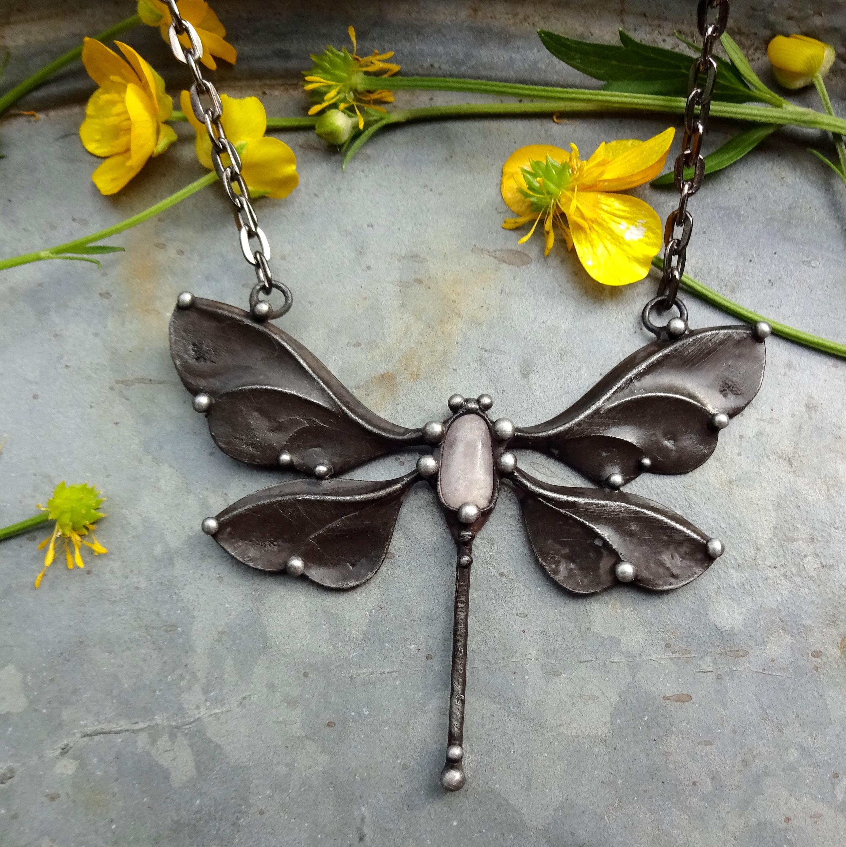 Dragonfly Original Art Kunzite Necklace on Metal Chain