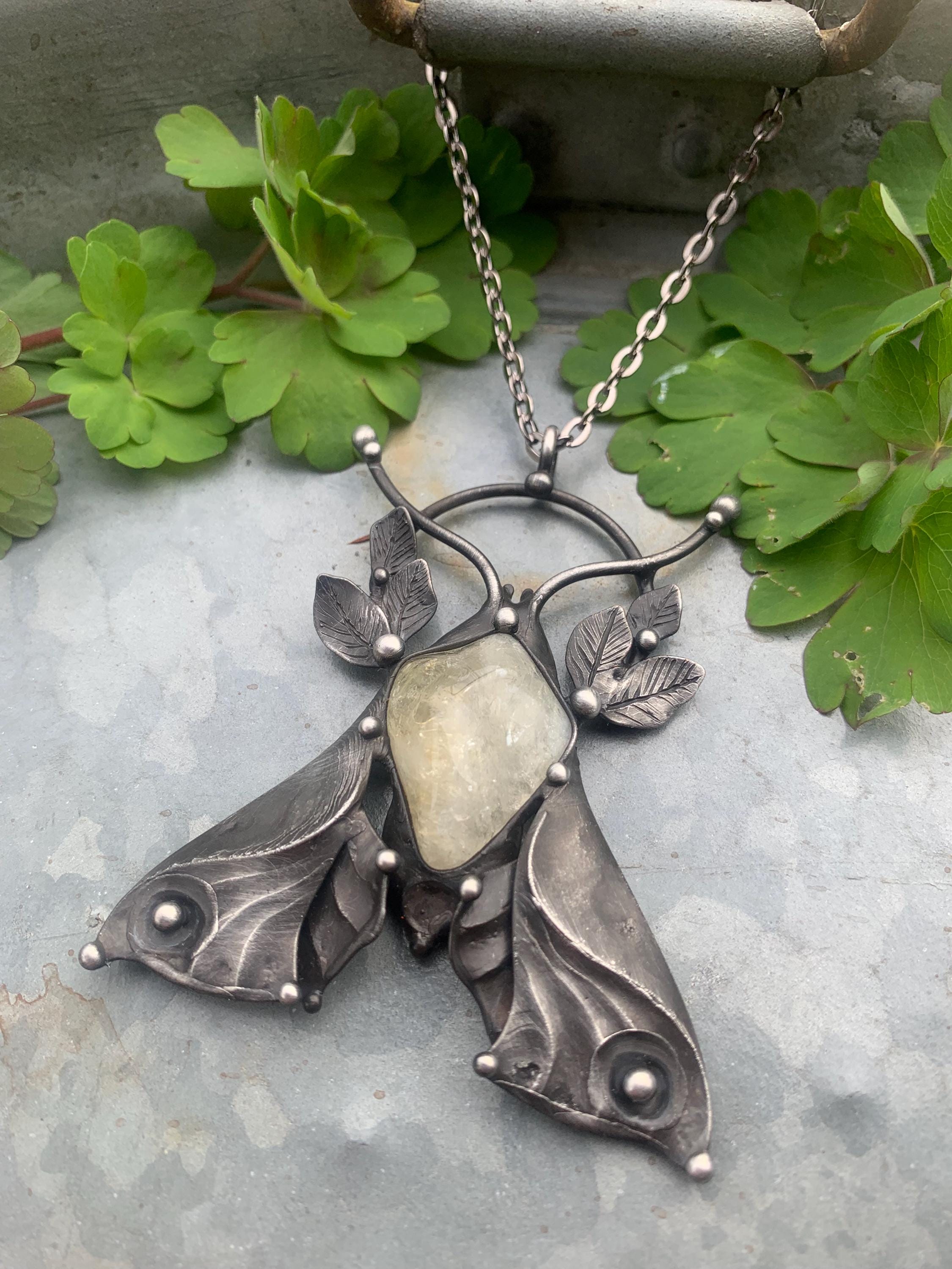Moth Chain RESERVED Moth Handmade Original Art Citrine Necklace on Metal Chain - Etsy