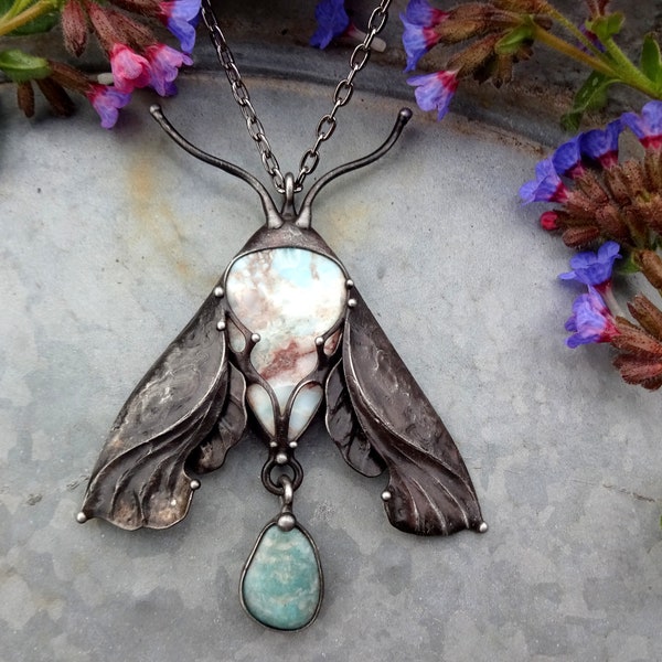 RESERVED Moth Handmade Original Art Larimare Necklace on Metal Chain