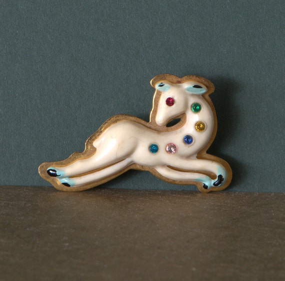 Celluloid Deer Fawn Brooch, Rhinestones and Brass,