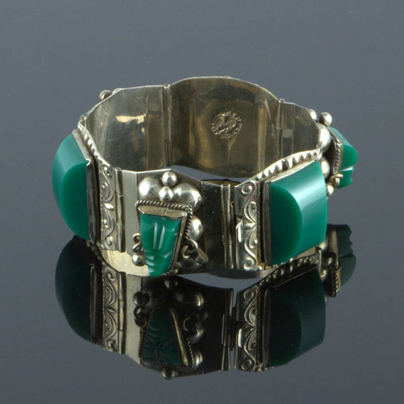Sterling Bracelet Signed Hecho En Mexico Taxco Green Aztec Etsy
