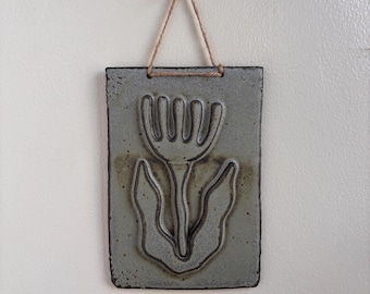 Grey Blue Flower Wall Hanging Cream Tile Decor