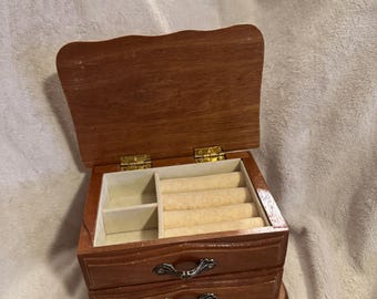 Vintage Wooden Jewelry Box with Ring Slots and Little Drawer