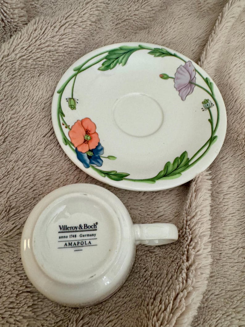 Vintage Villeroy & Boch Amapola Teacup Set 1980s German Poppy Floral