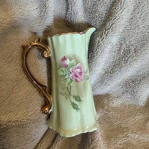 Vintage Lefton Heritage Hand Painted Floral Green and Gold Rose Ceramic Pitcher Flower Vase, Vintage Hand Painted Porcelain Creamer