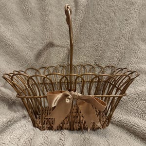 Vintage Mid-Century Gold Metal Wire and Decorative Wicker Basket with Satin Bow, Decorative Home Accent, Vintage Basket