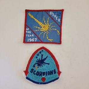 May include: Two embroidered patches featuring scorpions. The top patch is blue with red trim and features a yellow scorpion with the text "Diver of the Year 1967". The bottom patch is a blue triangle with red trim and white backing, featuring a blue scorpion with the text "Scorpions".