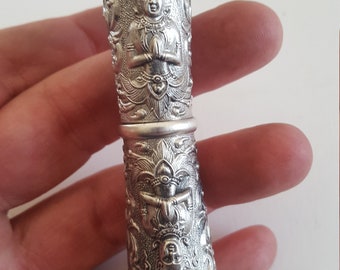 Vintage circa 1930's-1950's Siamese Sterling Silver lipstick case, raised relief Siam Mermaid Goddess, dragon boat