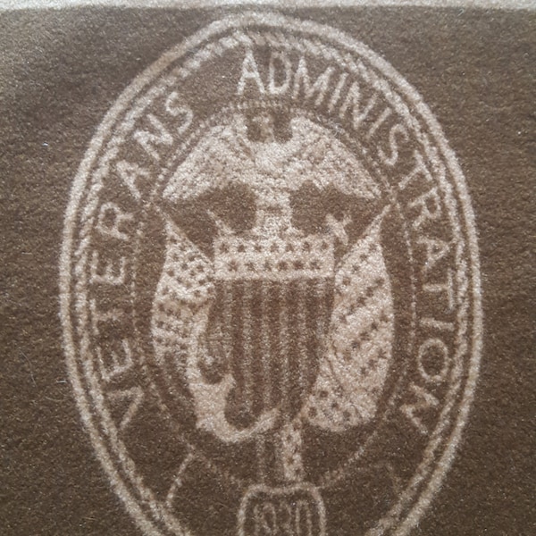 Vintage Veterans Administration woolen blanket, nice brown and tan colors, post WWII Veterans Hospital