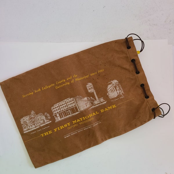 Vintage 1960's canvas bank bag 1st National Bank Oxford MS clean brown color with good graphics drawstring