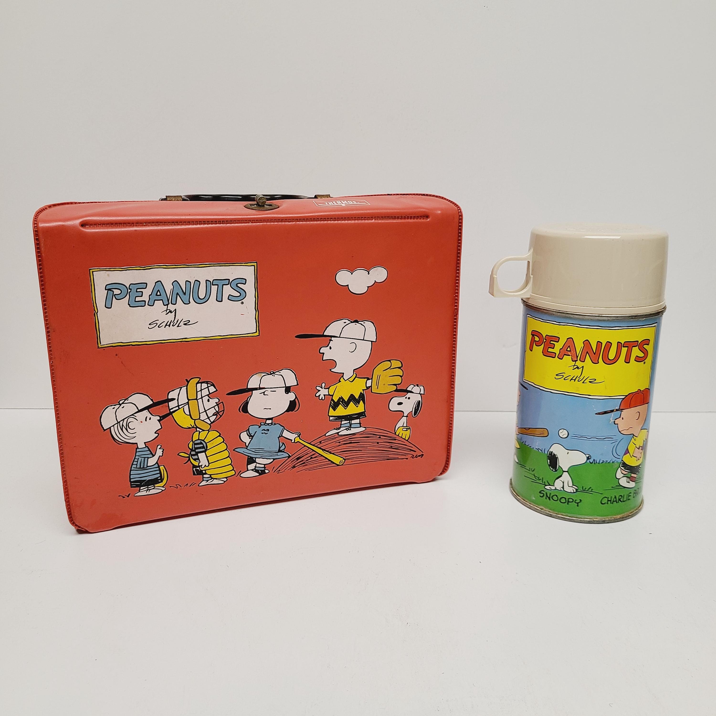 Vintage Peanuts Red vinyl lunch box by Charles Schulz 1966 with Thermos