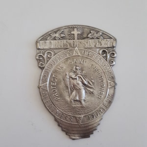 Vintage 1930&#39;s Protect US Saint Christopher Visor pin, Points of Safety as found missing pins Patron Saint of Travelers