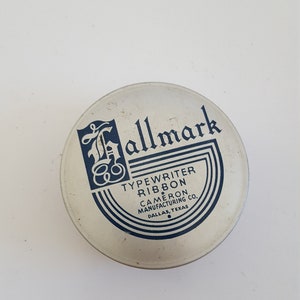 Vintage 1950&#39;s Hallmark Brand Typewriter ribbon tin by Cameron Manufacturing Co of Dallas, Texas, empty with decent graphics some dimples