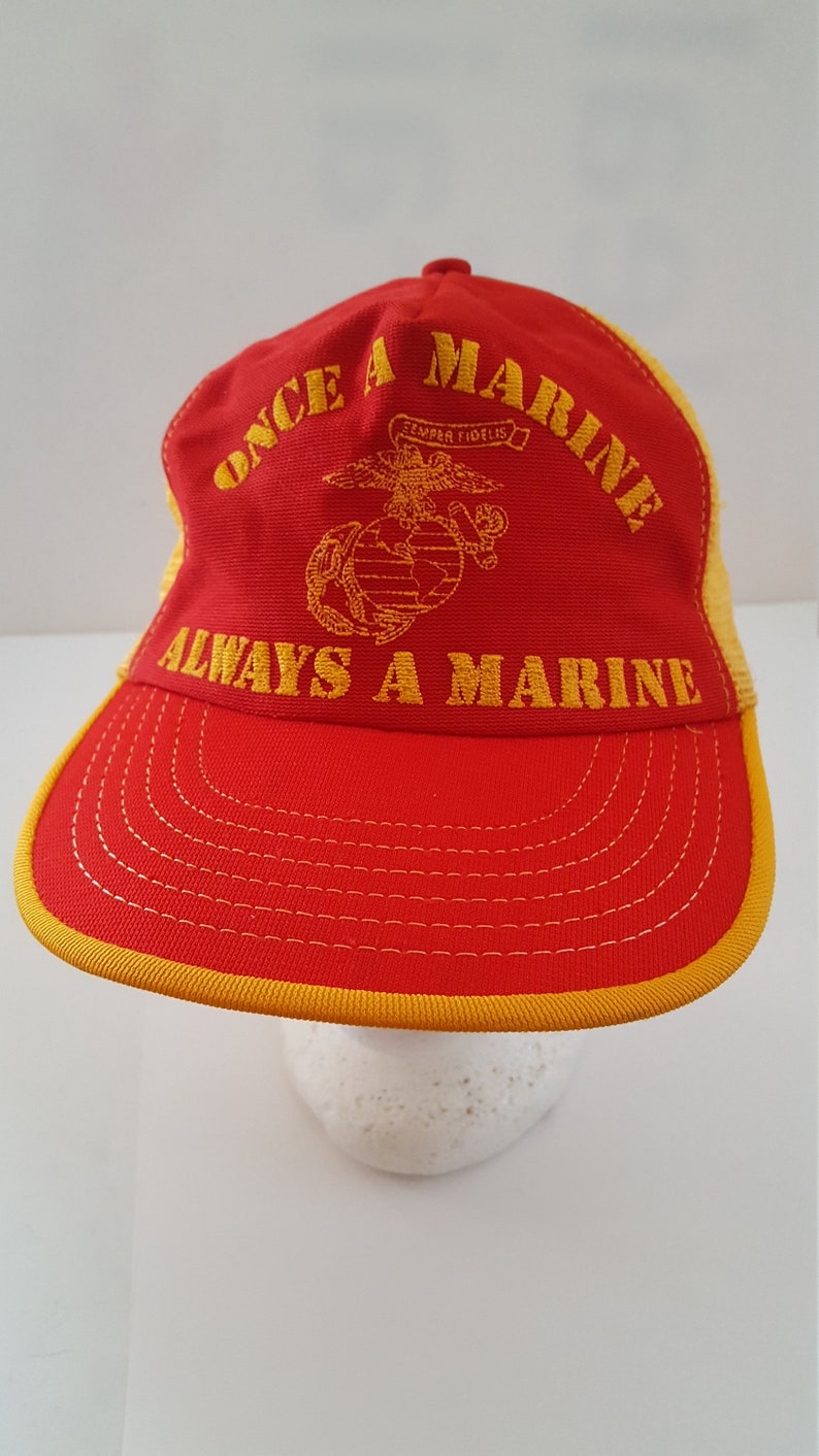 Vintage circa 1980's United States Marine Corps scarlet snapback adjustable cap , used condition, Once a Marine Always a Marine image 1