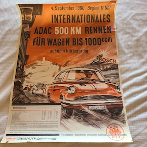Póster original antiguo de la carrera de resistencia de 500 km del German Motorsport Club de 1960 para coches de 1.000 ccm, celebrada en Nurburgring el 4 de septiembre de 1960, mostrado