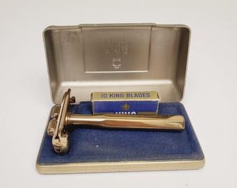 Antique King Oscillator Razor: 1930s 22kt Gold Plated with Blades