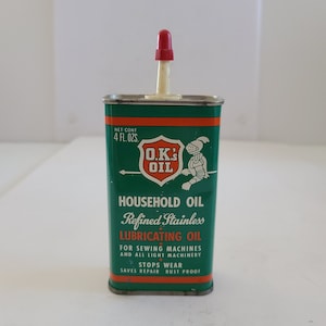 Vintage 1960&#39;s O.K.&#39;s Household oil can 4 oz size about half full can with some scratches, Refined Stainless