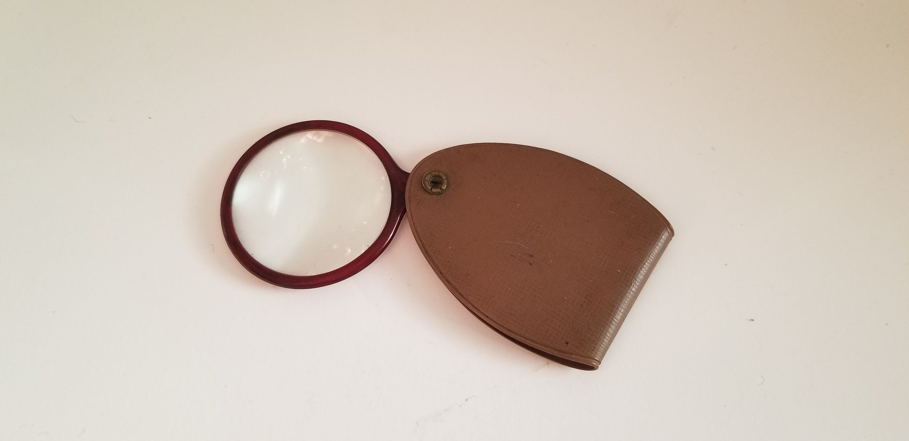 Vintage 1960's Pocket Magnifying Glass, Brown Plastic Covered Case W/ 2  Diameter, Made in Japan Unknown Power 