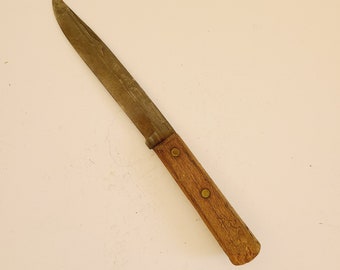 Vintage late 1940's to 1950's Armstrong Forge butcher knife, hickory handle with brass pins and carbon steel blade. Teeth marks