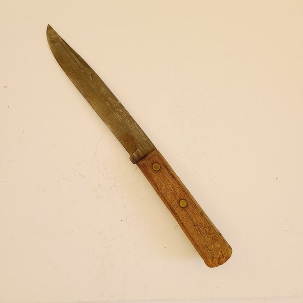 Vintage late 1940's to 1950's Armstrong Forge butcher knife, hickory handle with brass pins and carbon steel blade. Teeth marks