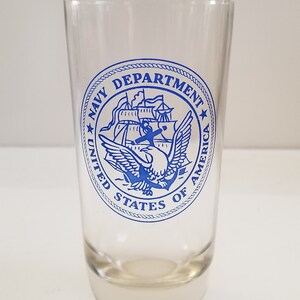 Vintage circa 1970&#39;s heavy glass tumbler with crest of Department of the Navy screen printed,  rounded heavy base