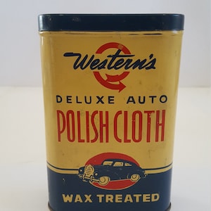 Vintage circa 1930&#39;s Western&#39;s Deluxe Auto Polish Cloths (2) in graphic tin in nice condition