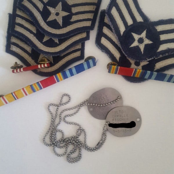 Vintage collection of militaria from deceased veteran of US Navy and U.S. Air Force, WWII service,ribbons, ID tags, Sgt patches