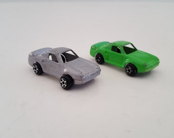 Vintage 1980's pair of mini toy cars Porsche 959 made by Tootsietoy silver and lime green