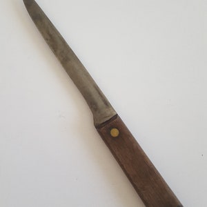 Vintage unmarked Butcher's tool carving knife, forged steel full tang knife with wooden scales, probably 1950's to 1960's