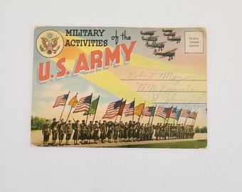 May include: A vintage postcard featuring a line of soldiers in uniform holding American flags. The postcard has a blue and red U.S. Army logo with the text "Military Activities of the U.S. Army". The postcard also features a few small airplanes flying in formation.