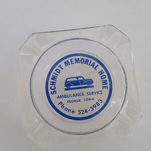 Vintage circa 1960&#39;s advertising ashtray Schmidt Memorial Home Ambulance Service Keokuk, Iowa