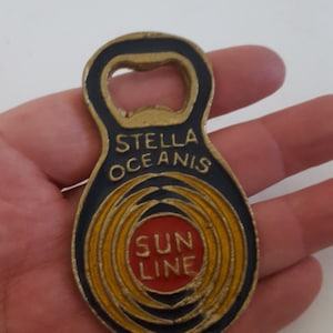 Vintage late 1960&#39;s rare bottle opener from Stella Oceanis Sun Line of cruise ships, brass, enamel Greek Isles 3 1/4&quot;