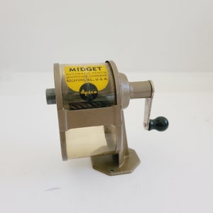Vintage 1930&#39;s &quot;Midget&quot; Automatic Pencil Sharpener Co. Chicago metal with celluloid shavings holder, wood knob, original paint