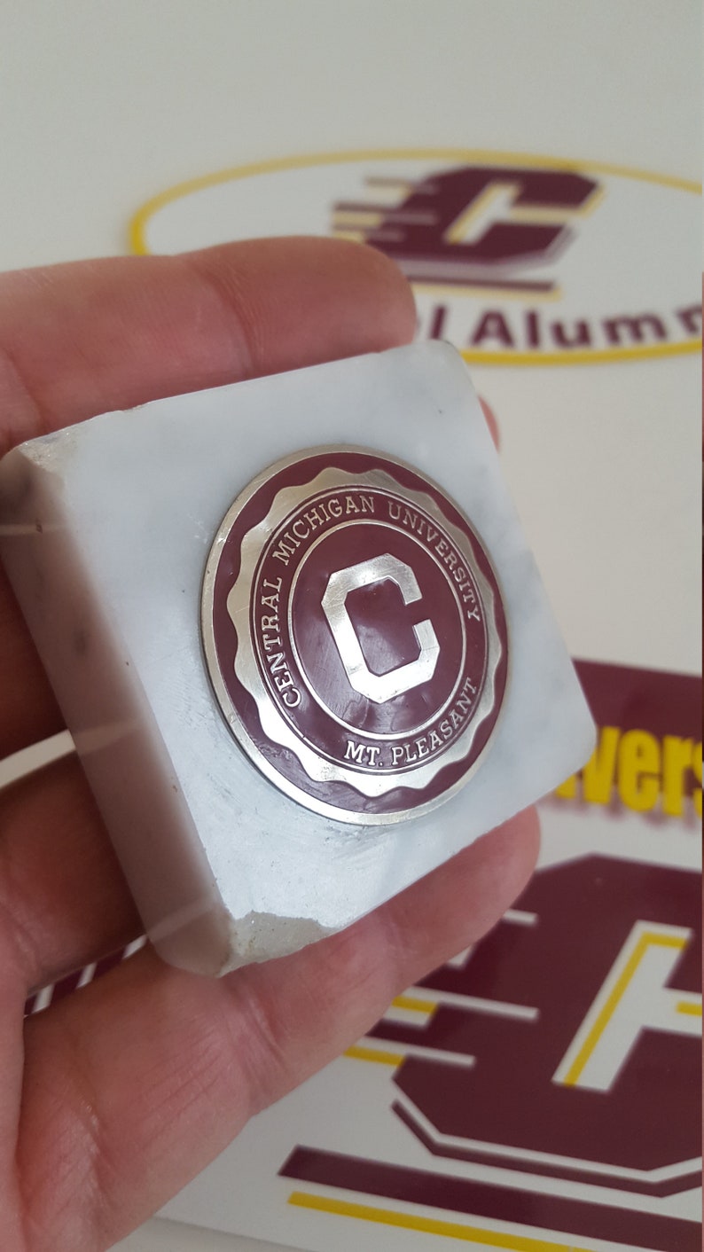 Vintage collection of Central Michigan University items marble paperweight and 2 bumper stickers