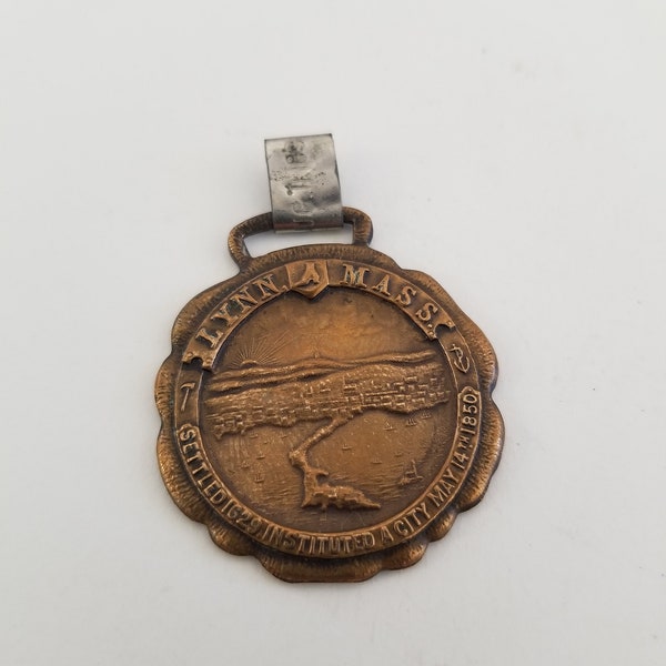 Vintage 1929 watch fob copper medallion Tercentenary Celebration of Lynn, Massachusetts 300 years 1629-1929, shoe industry fishing