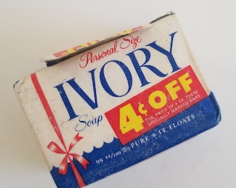 Vintage pair Procter & Gamble bars of Ivory Soap, cake soap advertising , set decoration, laundry soap, circa 1960's whopping 4 cent coupon