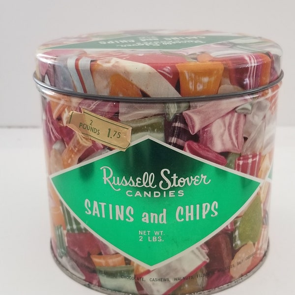 Vintage Empty circa 1960's Russell Stovers "Satins&Chips" candy tin, great Christmas memory Empty tin decoration only. Did I mention empty?