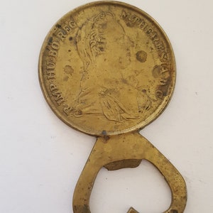 Vintage Carl Aubock Style Brass Bottle Opener with Austrian Coin
