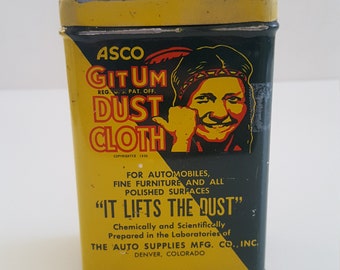 Vintage 1930's to 1940's ASCO Git Um Dust Cloth tin, surface scratches Auto Supplies Mfg. Denver, CO