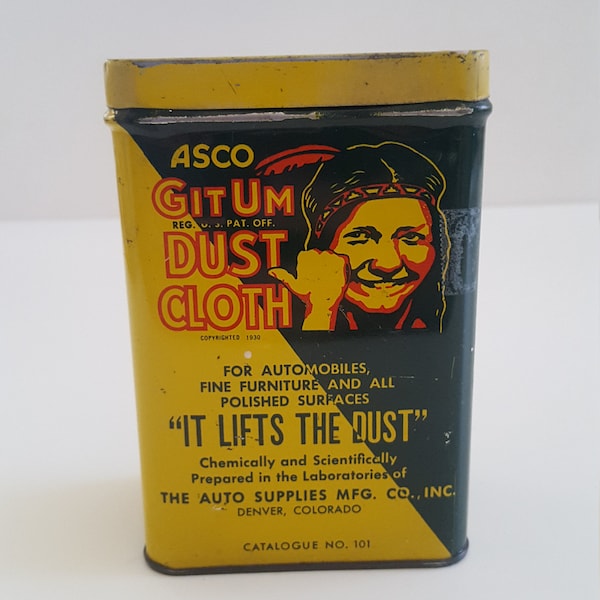 Vintage 1930's to 1940's ASCO Git Um Dust Cloth tin, surface scratches Auto Supplies Mfg. Denver, CO