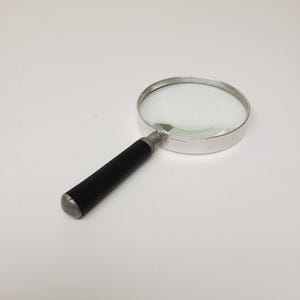 Vintage 1960's Made in USA "Reading Glass" magnifier, 3 5/8" aluminum frame with short handle unknown power, magnifying glass, 7" long